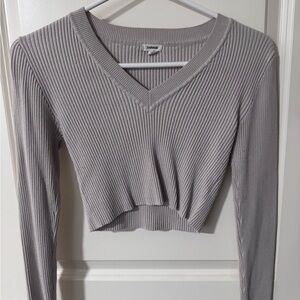 Garage Ribbed V-Neck Long Sleeve Top in Gray